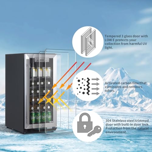 90L Undercounter Fridge for Garden, Durable Waterproof Stainless Steel,3-Layer Glass Door with Auto-Close & Auto Defrost, 4-22℃ Digital Temperature Control, Ideal for Beer Beverage and Wine