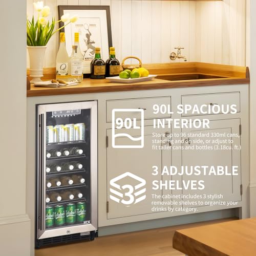 90L Undercounter Fridge for Garden, Durable Waterproof Stainless Steel,3-Layer Glass Door with Auto-Close & Auto Defrost, 4-22℃ Digital Temperature Control, Ideal for Beer Beverage and Wine