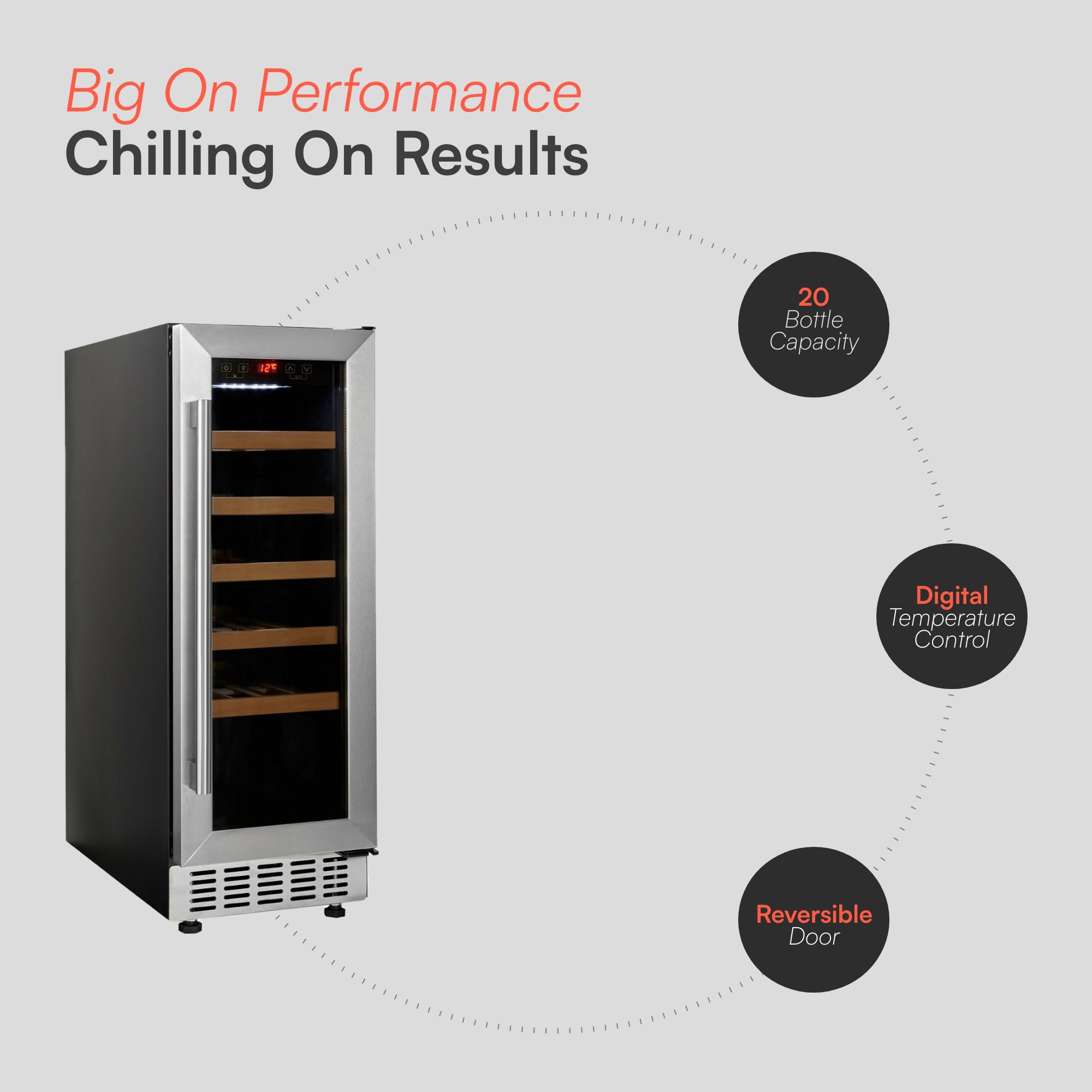 CWC300SS Freestanding Under Counter Fridge Cabinet 30cm Wine Cooler in Stainless Steel - 20 Bottle & 60 Litre Capacity - 5 Sliding Shelves - Digital Temperature Control - Reversible Door