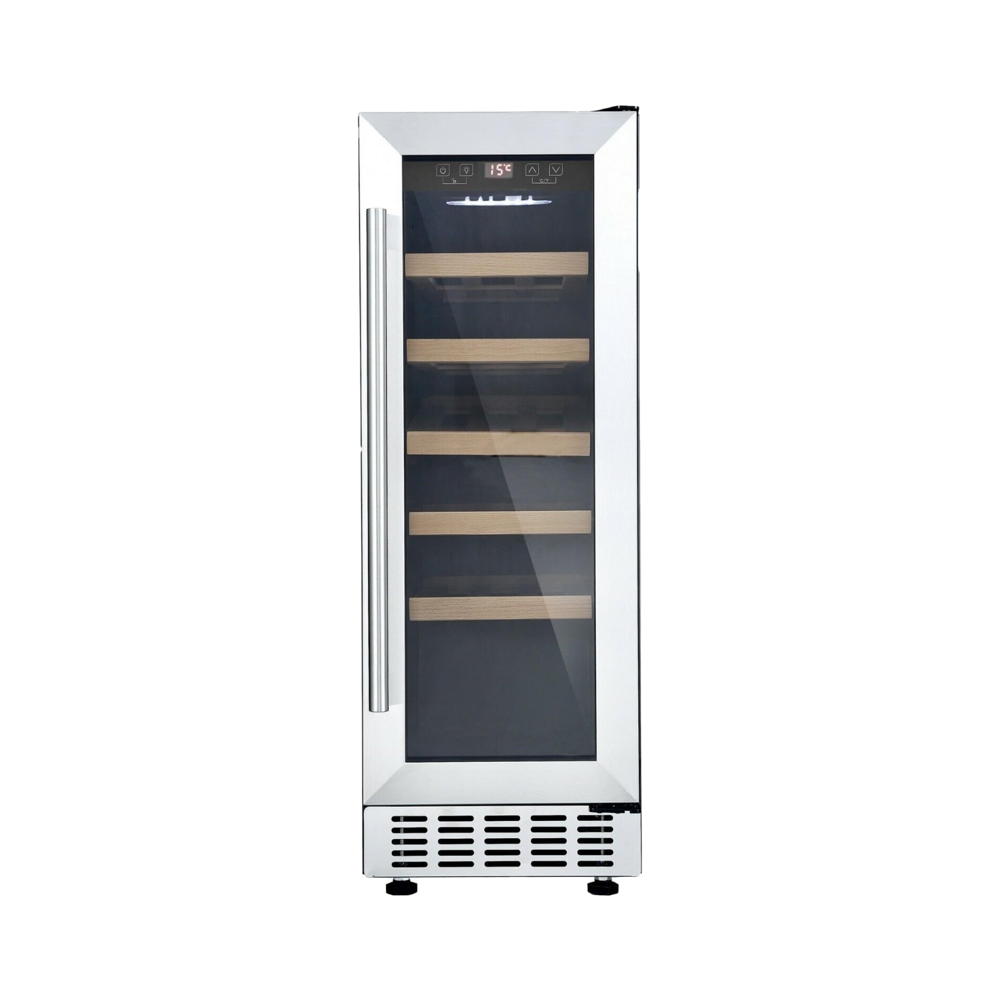 CWC300SS Freestanding Under Counter Fridge Cabinet 30cm Wine Cooler in Stainless Steel - 20 Bottle & 60 Litre Capacity - 5 Sliding Shelves - Digital Temperature Control - Reversible Door