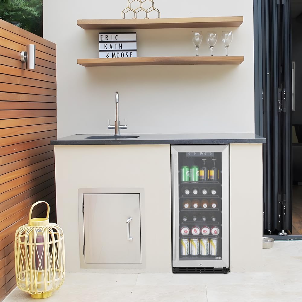 90L Undercounter Fridge for Garden, Durable Waterproof Stainless Steel,3-Layer Glass Door with Auto-Close & Auto Defrost, 4-22℃ Digital Temperature Control, Ideal for Beer Beverage and Wine