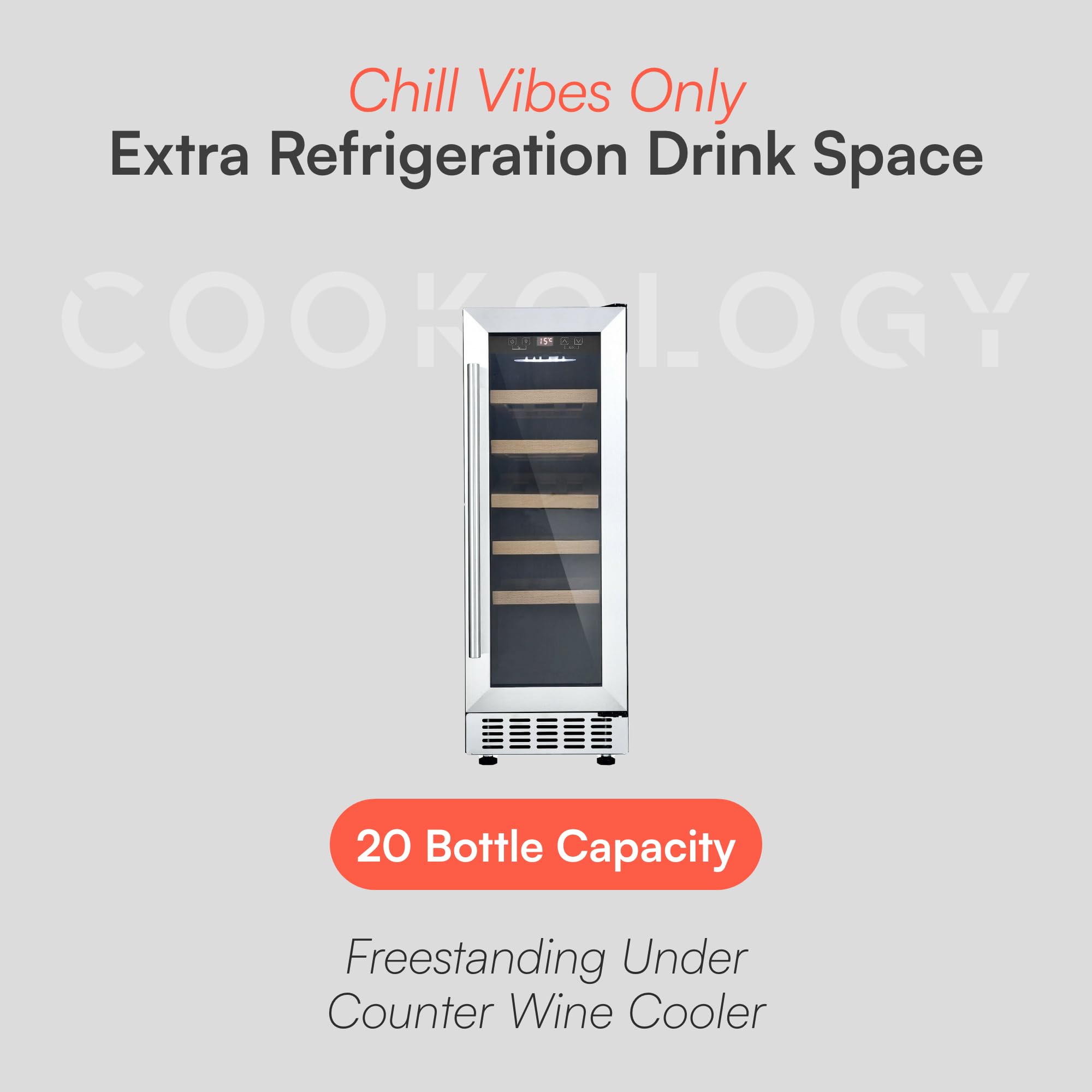 CWC300SS Freestanding Under Counter Fridge Cabinet 30cm Wine Cooler in Stainless Steel - 20 Bottle & 60 Litre Capacity - 5 Sliding Shelves - Digital Temperature Control - Reversible Door