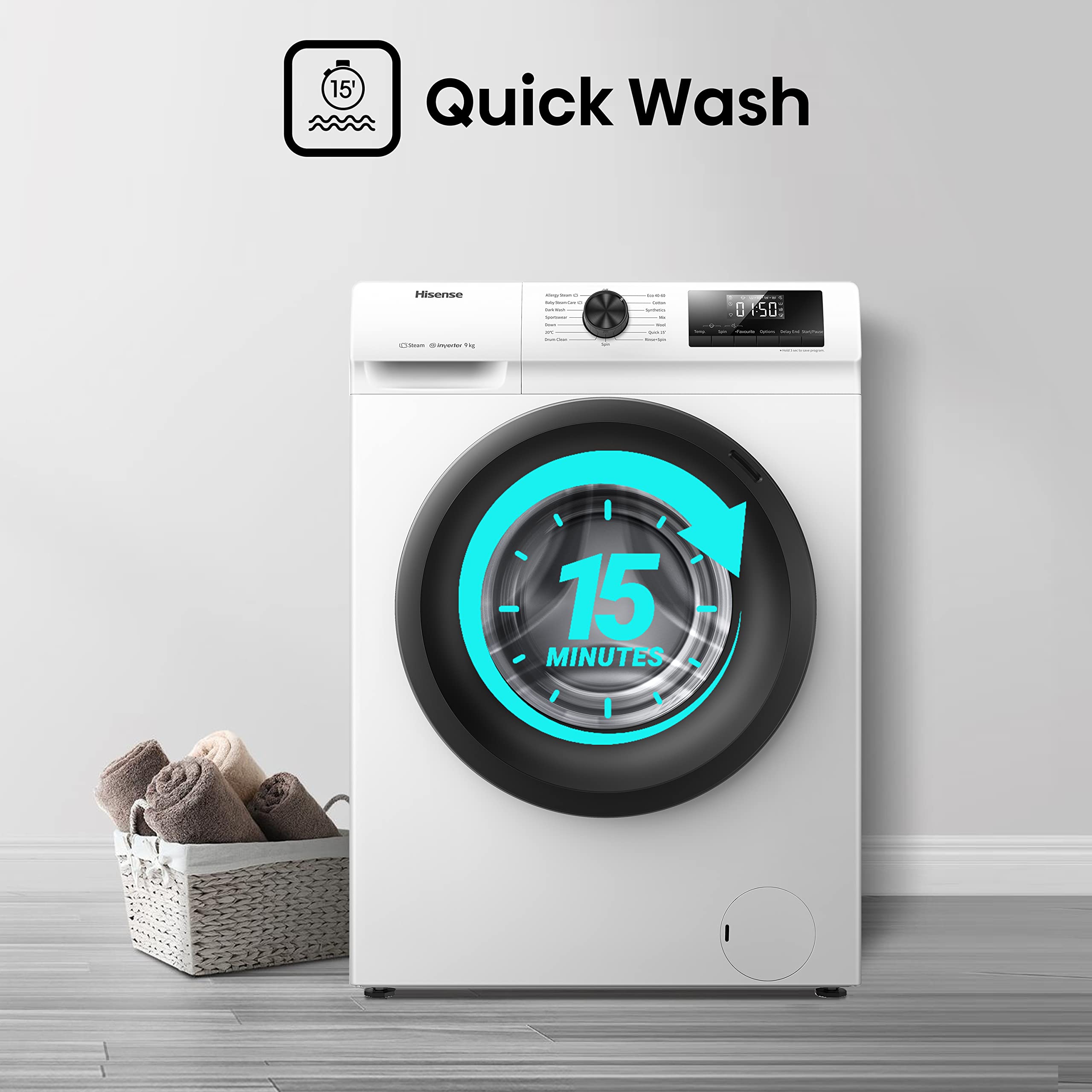 WFQP9014EVM-Freestanding-9 KG-Front Load Washing Durable Inverter Machine-Steam Wash-Quick Wash-15 Washing Programs-1400 RPM-White-Energy Rating C