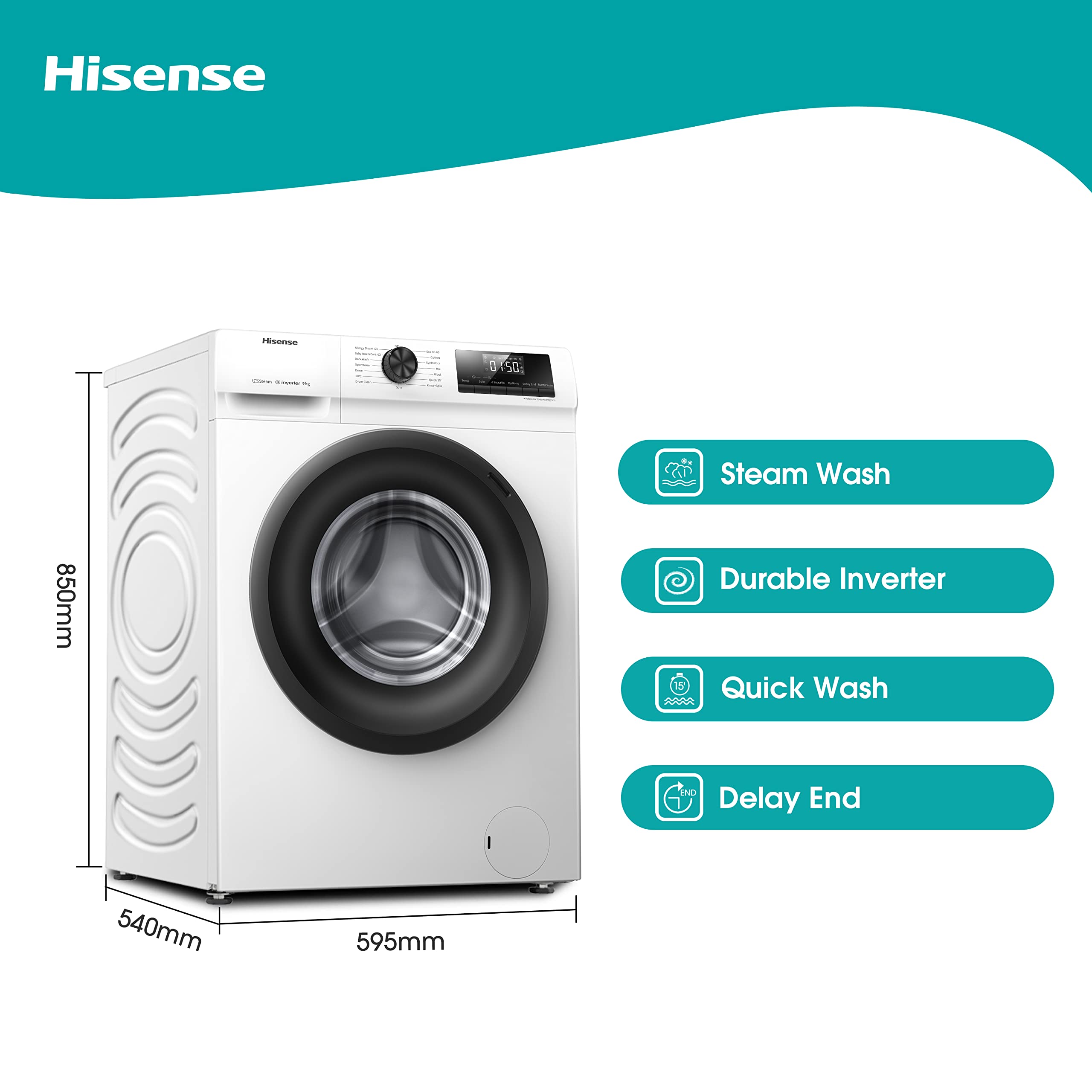 WFQP9014EVM-Freestanding-9 KG-Front Load Washing Durable Inverter Machine-Steam Wash-Quick Wash-15 Washing Programs-1400 RPM-White-Energy Rating C