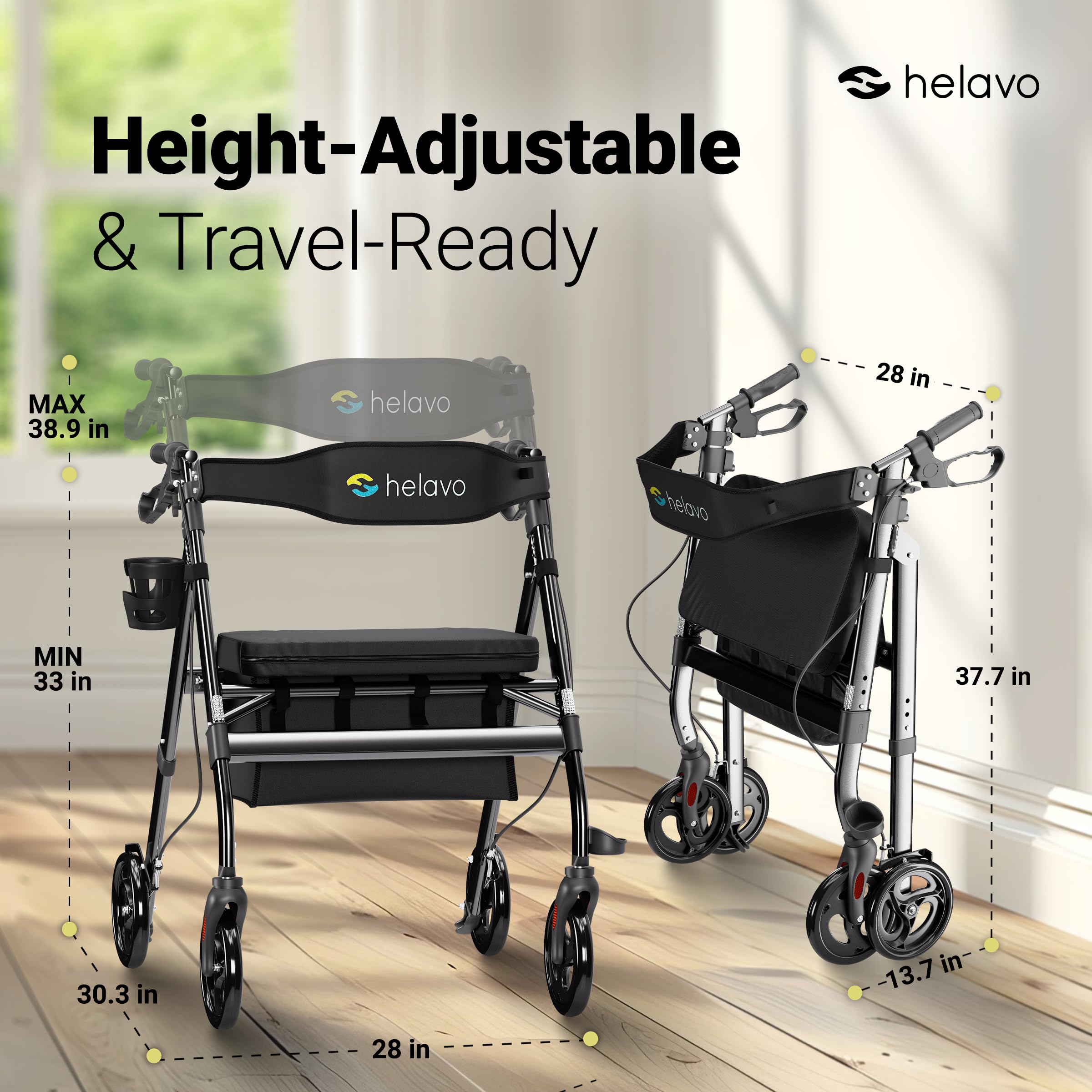 Bariatric Walker with Large, Height-Adjustable Seat - Extra Wide Heavy Duty Rollator for Seniors - 500 lbs Weight Capacity