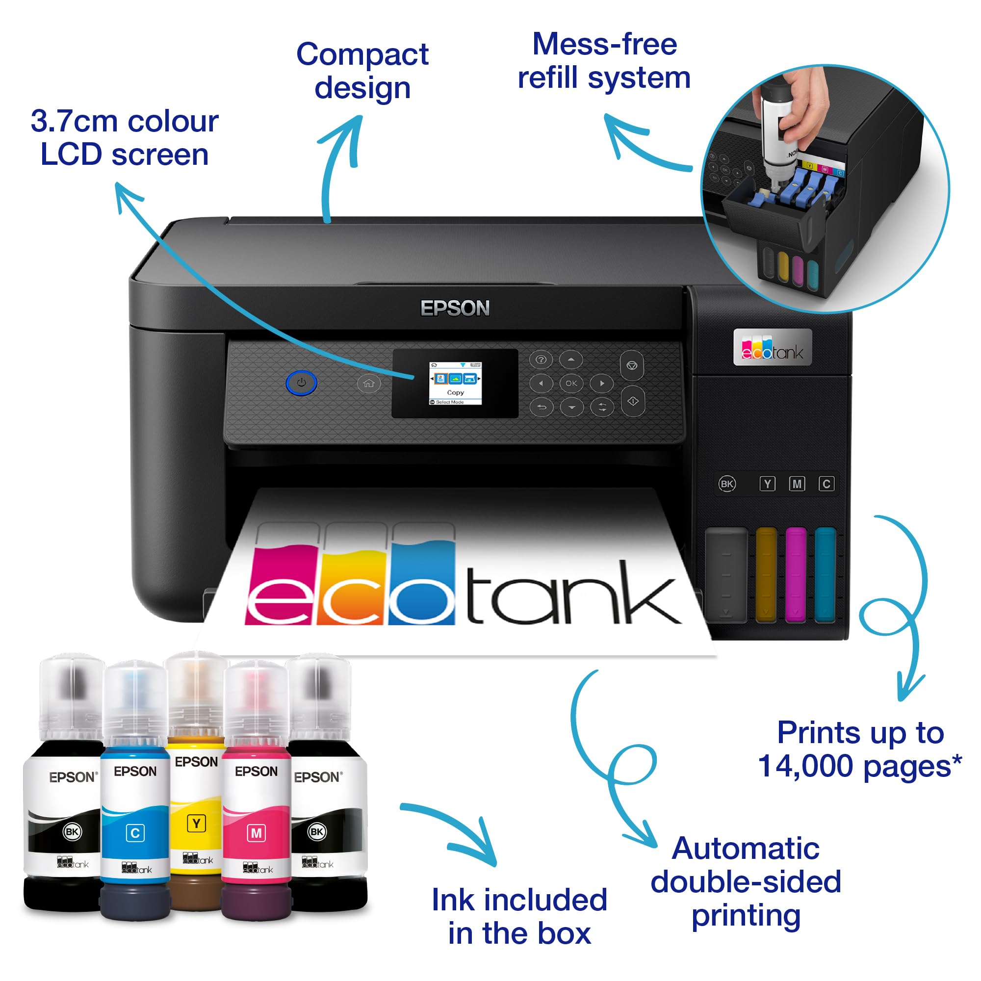 EcoTank ET-2850 A4 Multifunction Air Print and Wi-Fi Ink Tank Printer with double sided printing, Up To 3 Years Of Ink Included