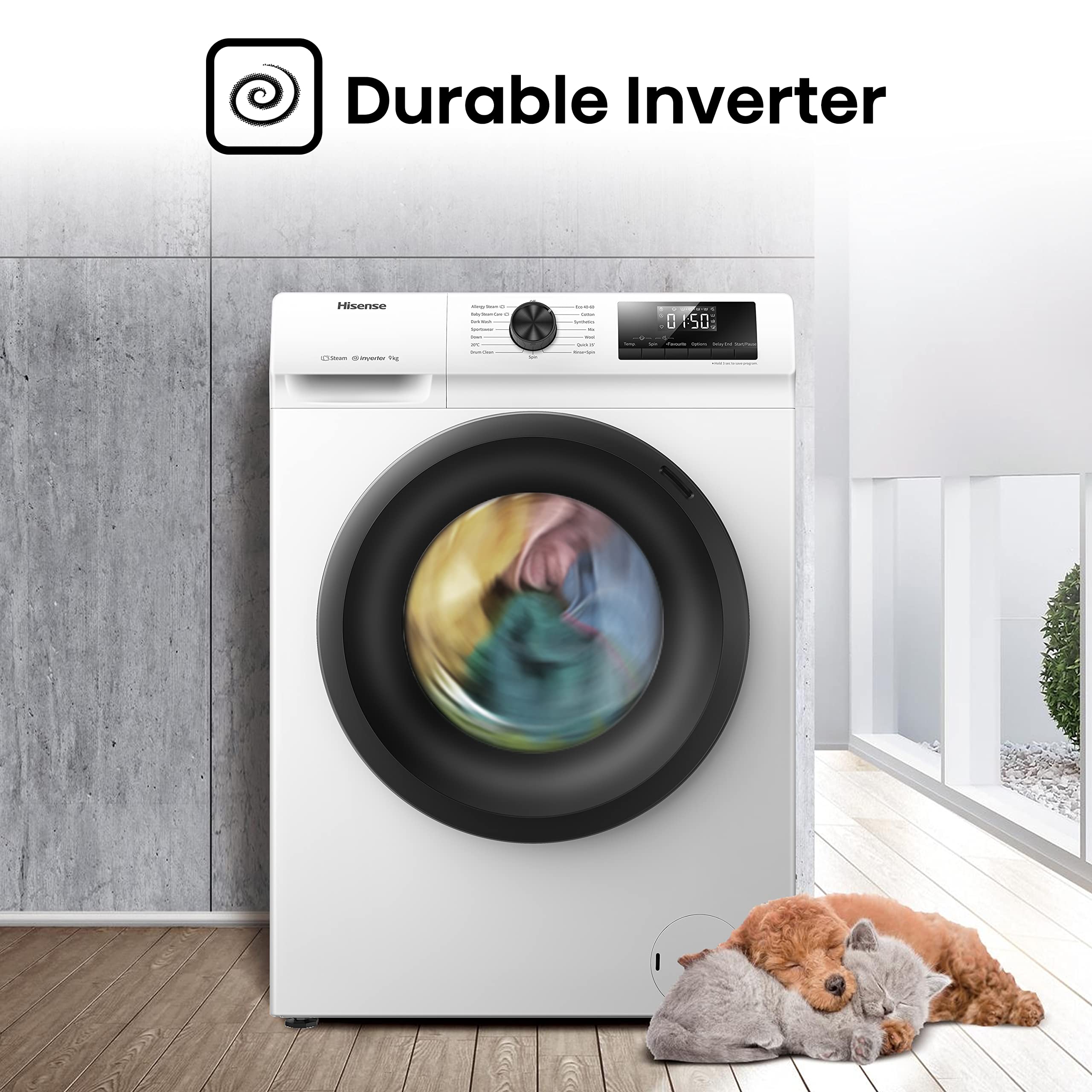 WFQP9014EVM-Freestanding-9 KG-Front Load Washing Durable Inverter Machine-Steam Wash-Quick Wash-15 Washing Programs-1400 RPM-White-Energy Rating C