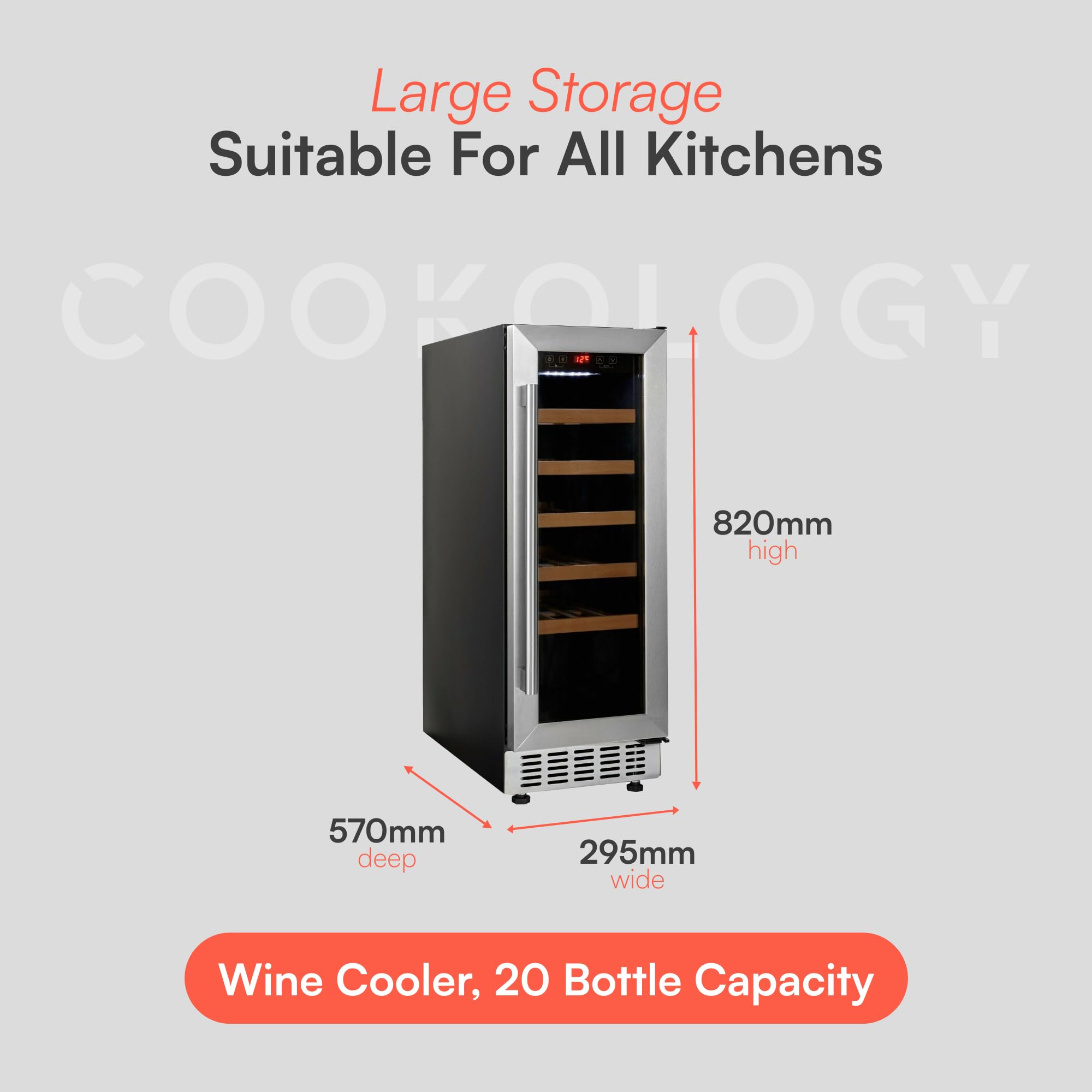 CWC300SS Freestanding Under Counter Fridge Cabinet 30cm Wine Cooler in Stainless Steel - 20 Bottle & 60 Litre Capacity - 5 Sliding Shelves - Digital Temperature Control - Reversible Door