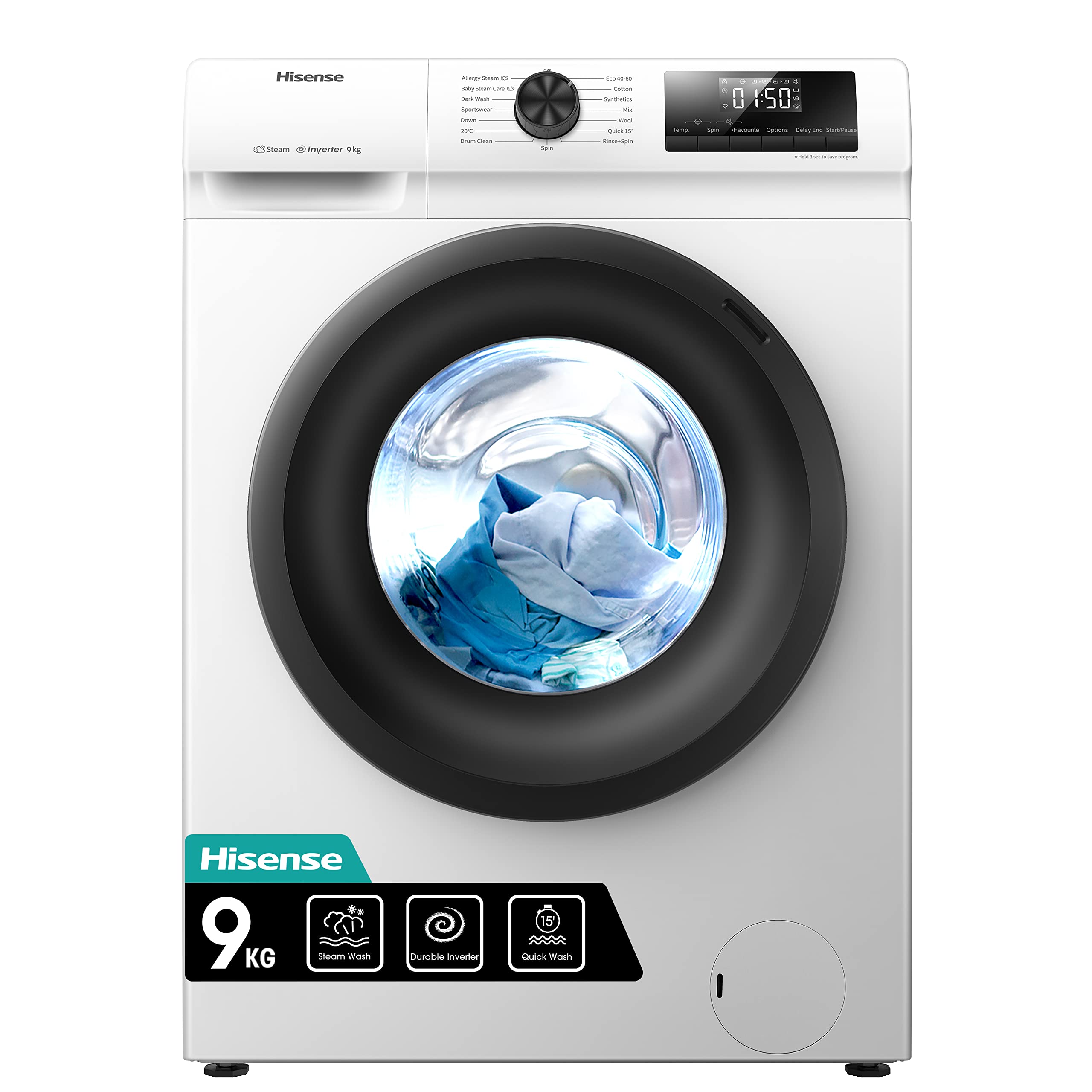 WFQP9014EVM-Freestanding-9 KG-Front Load Washing Durable Inverter Machine-Steam Wash-Quick Wash-15 Washing Programs-1400 RPM-White-Energy Rating C