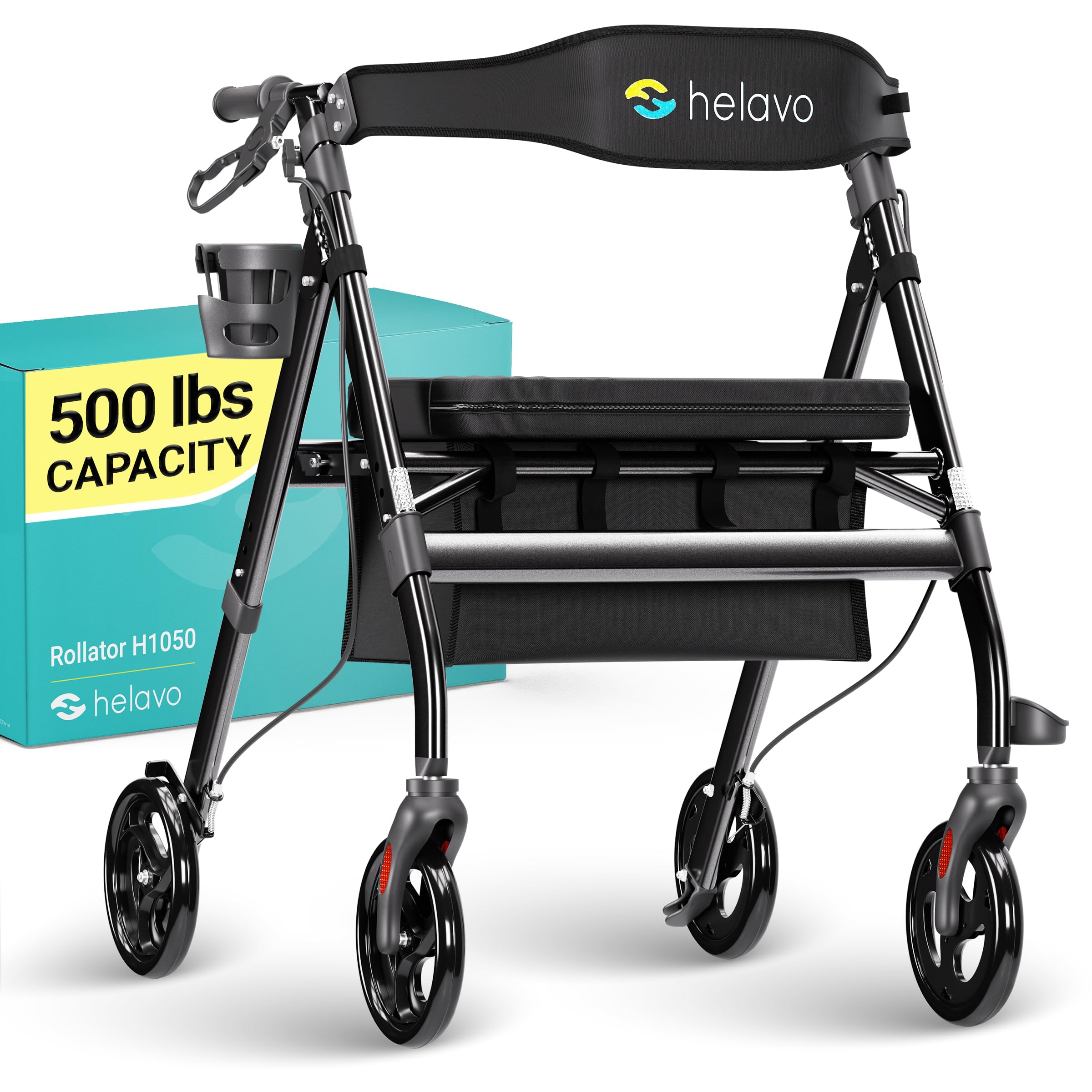 Bariatric Walker with Large, Height-Adjustable Seat - Extra Wide Heavy Duty Rollator for Seniors - 500 lbs Weight Capacity