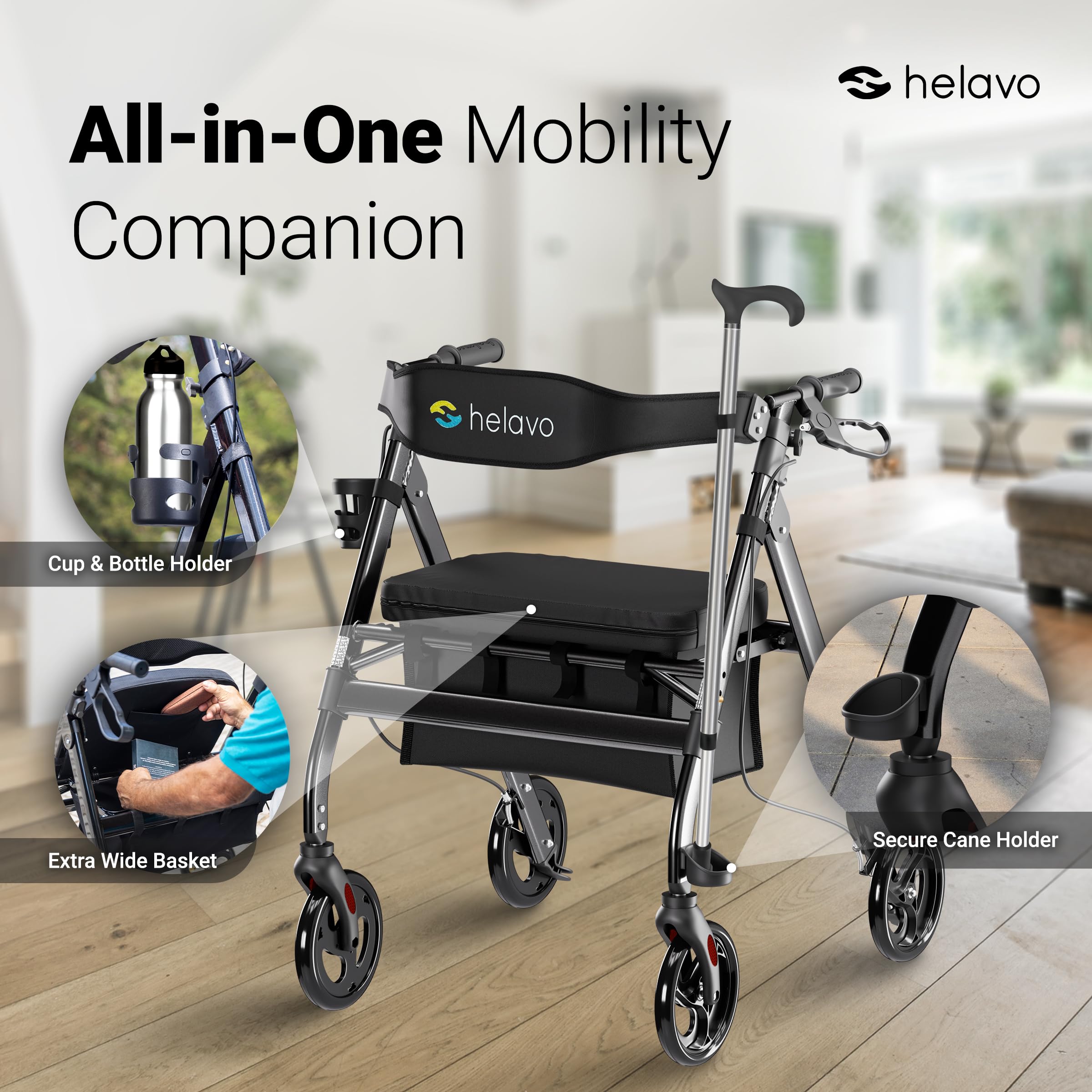 Bariatric Walker with Large, Height-Adjustable Seat - Extra Wide Heavy Duty Rollator for Seniors - 500 lbs Weight Capacity